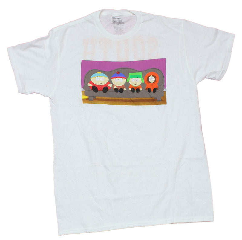 South Park Mens T-Shirt - Seated Foursome Front Raised Letter Back