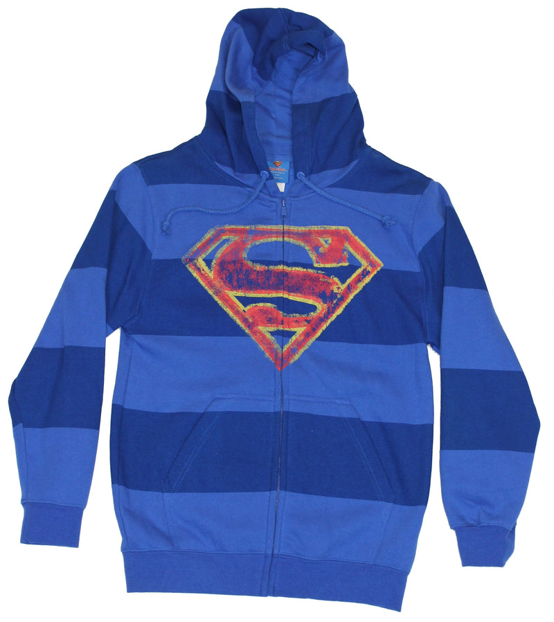 Superman Mens Hoodie Sweatshirt - Distressed "S" Symbol Over Wide Stripes