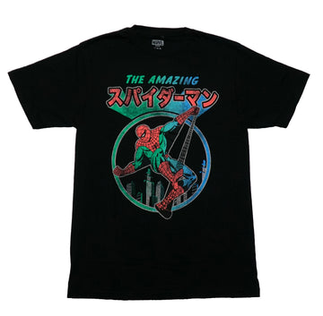 Spider-Man Mens T-Shirt - Kanji Swinging On Web Distressed