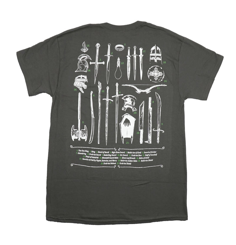 Lord of the Rings Mens T-Shirt - Lapel Logo Weapons Descriptions on Back