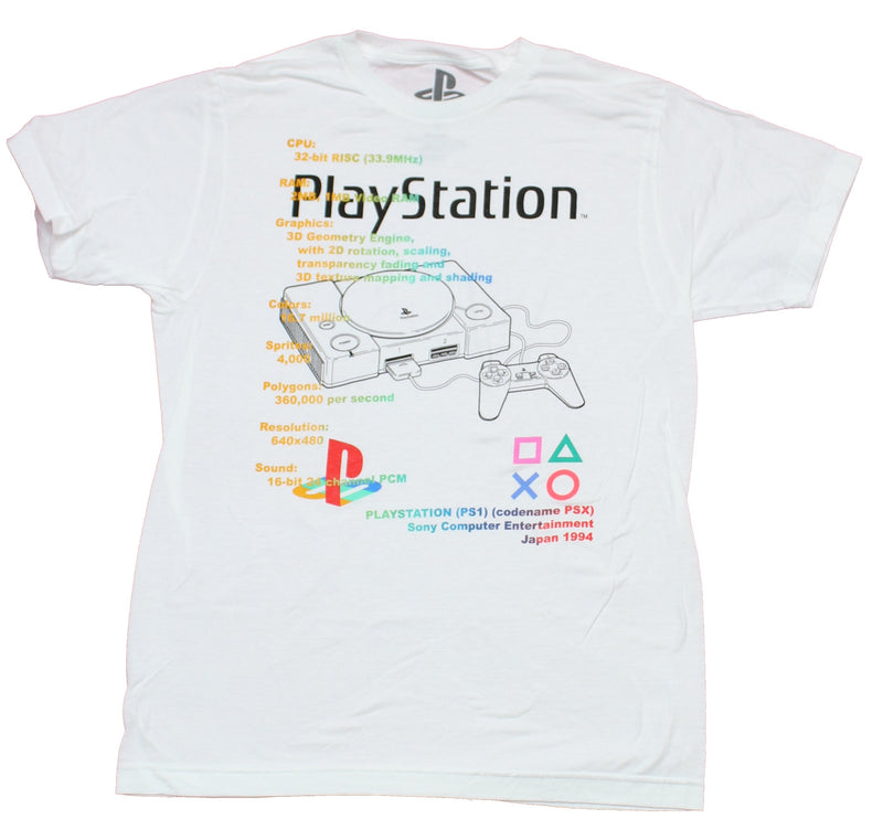 PlayStation Mens T-Shirt - Original PlayStation 1 Stats & PSOne Console Pic