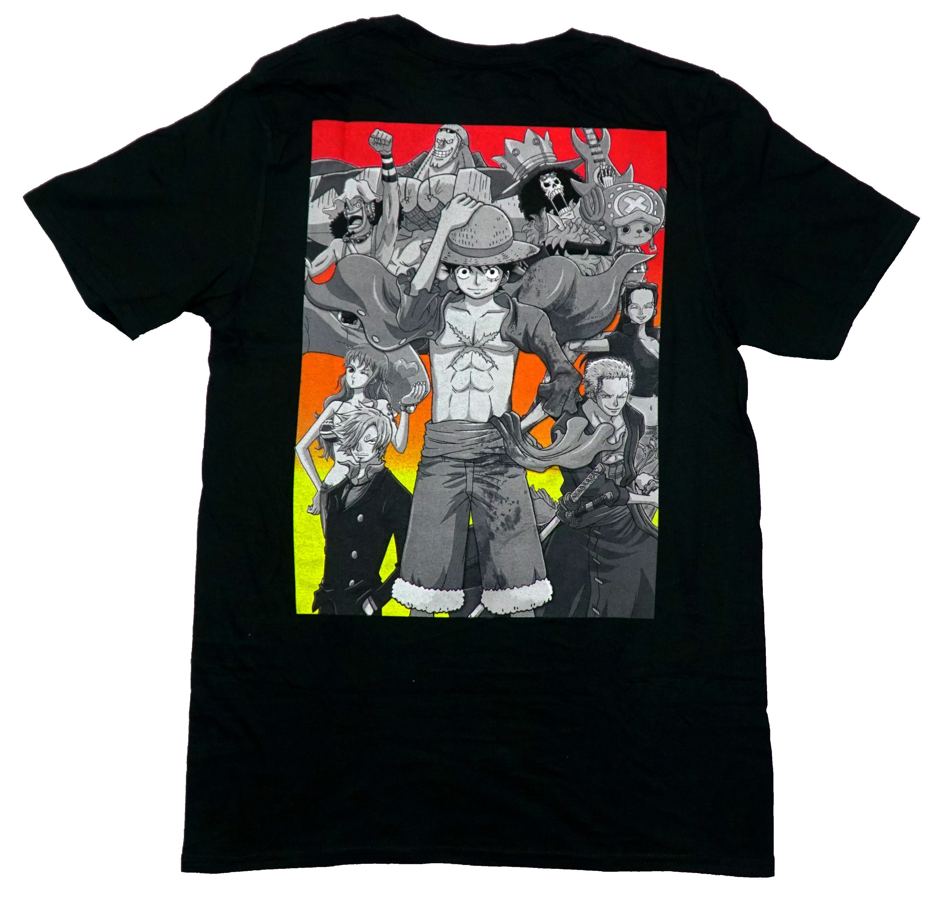 One Piece Mens T-Shirt -Center Kanji Logo On Front Grayscale Crew on Back