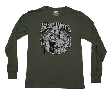 Star Wars Mens Long Sleeve T-Shirt - Grogu & Mando Grayscale Circle Image