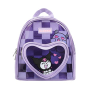 Bioworld Kuromi & Baku Hearts 10" Purple Checkered Women's Mini Backpack - Inmyparentsbasement.com