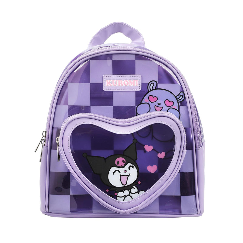 Bioworld Kuromi & Baku Hearts 10" Purple Checkered Women's Mini Backpack - Inmyparentsbasement.com