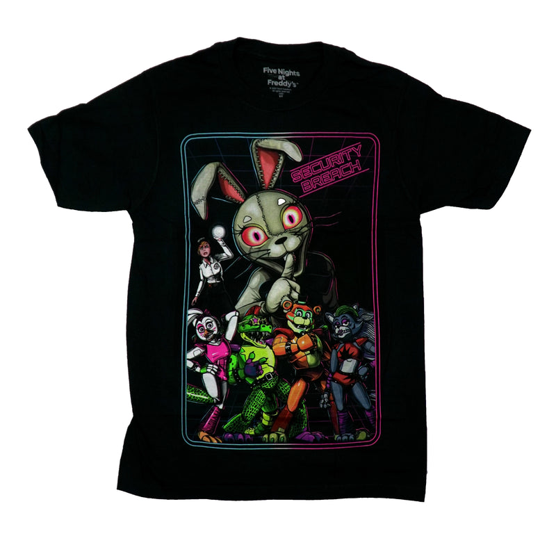 Five Night's at Freddy's Mens T-Shirt - Cast Pink Outline Security Breach - Inmyparentsbasement.com