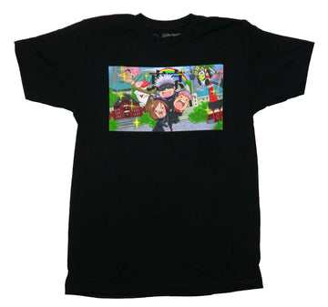 Jujutsu Kaisen Mens T-Shirt - Chibi Trio In Rainbow City
