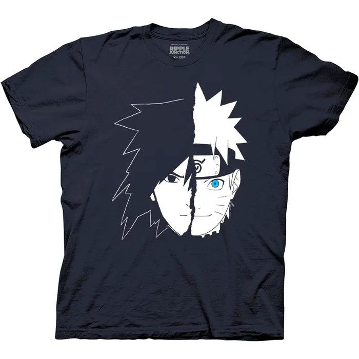 Naruto Shippuden Mens T-Shirt - Sasuke & Naruto Blue Eye Split Face - Inmyparentsbasement.com