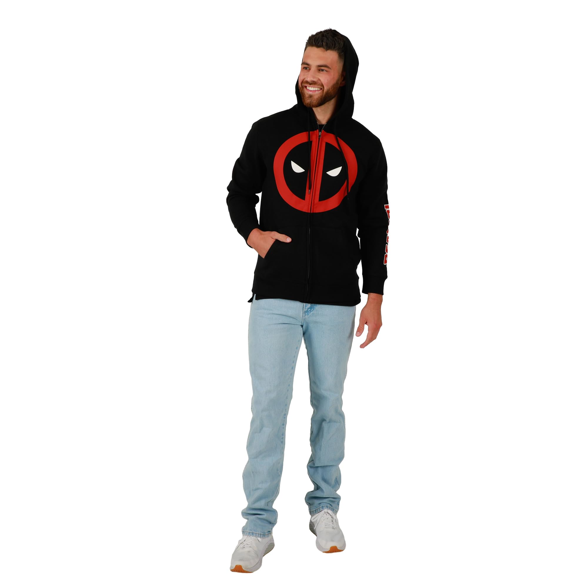 Bioworld Marvel Deadpool Mask Logo Long Sleeve Unisex Adult Zip-Up Hoodie-X-Large,Black