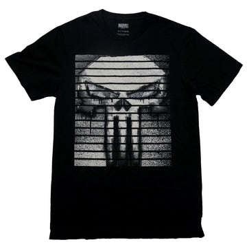 Punisher Mens T-Shirt - Sprayed Skull Through Blinds