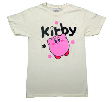 Kirby Mens T-Shirt - Floating Below Name Among Pink and Black Stars