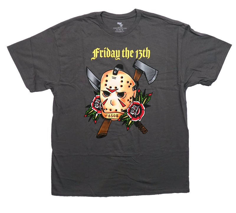 Friday the 13th Mens T-Shirt - Tattoo Rose Design of Jason Mask Below