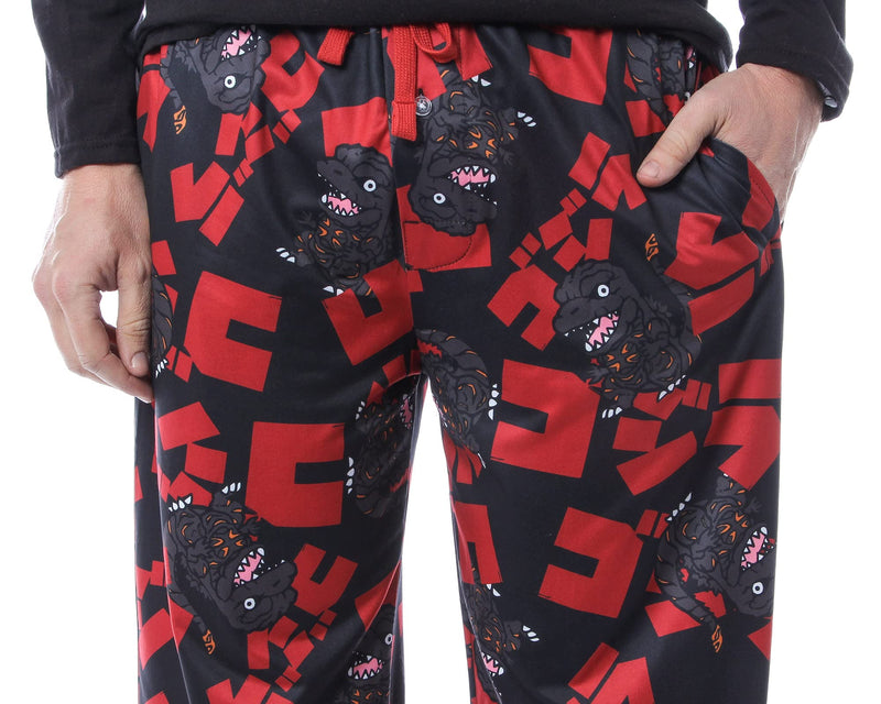 Godzilla Men's Character And Japanese Script Allover Pattern Adult Lounge Sleep Pajama Pants