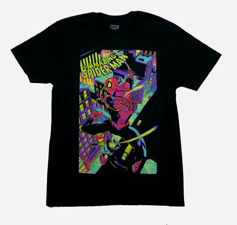 Spider-man Mens T-Shirt -  Day Glow Flying Over Arana In City