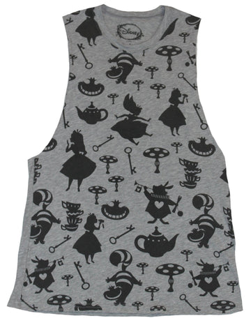 Alice in Wonderland Girls Juniors T-Shirt - Silhouette Images Allover Sleeveless