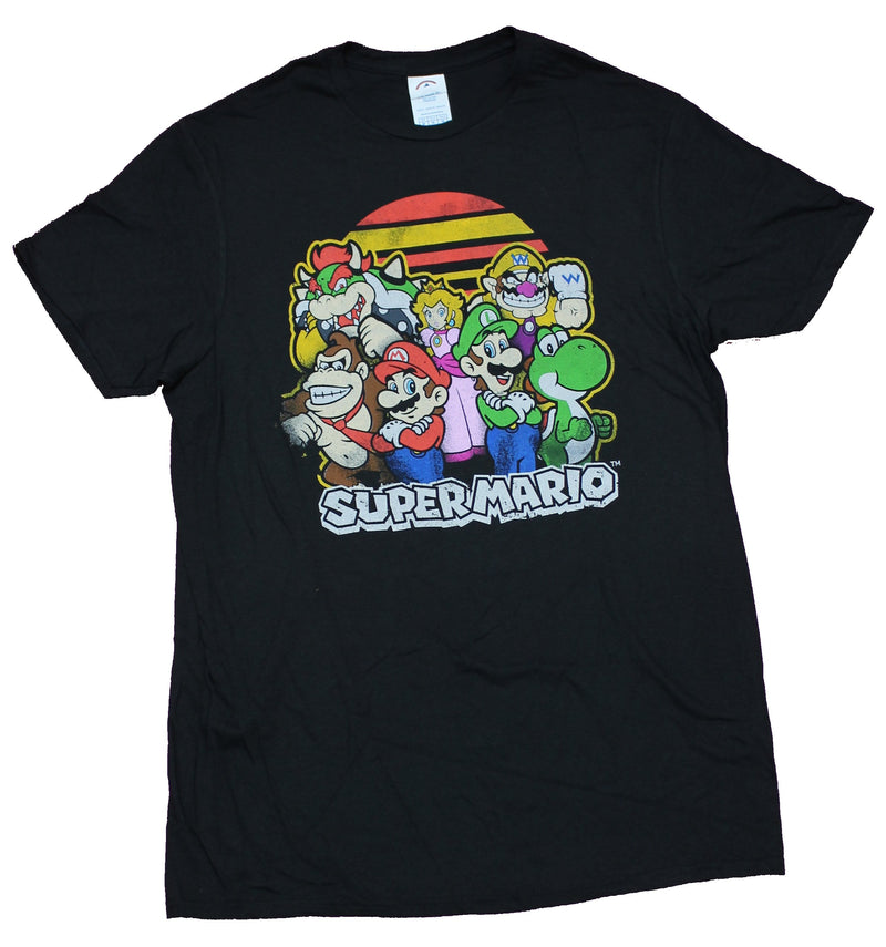 Super Mario Brothers Mens T-Shirt - Distressed 9 Character Sunset Style Image