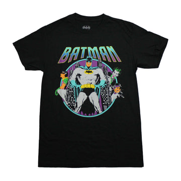 Batman Mens T-Shirt - Standing In Circle Name Robin on Right Baddies Left