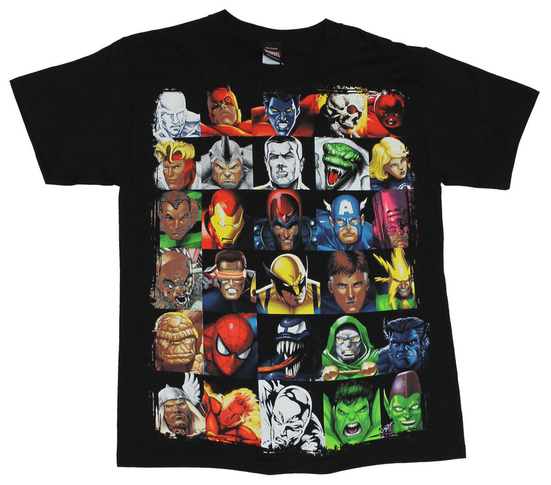 Marvel Comics Mens T-Shirt - 30 Box Grid of Good And Bad Characters
