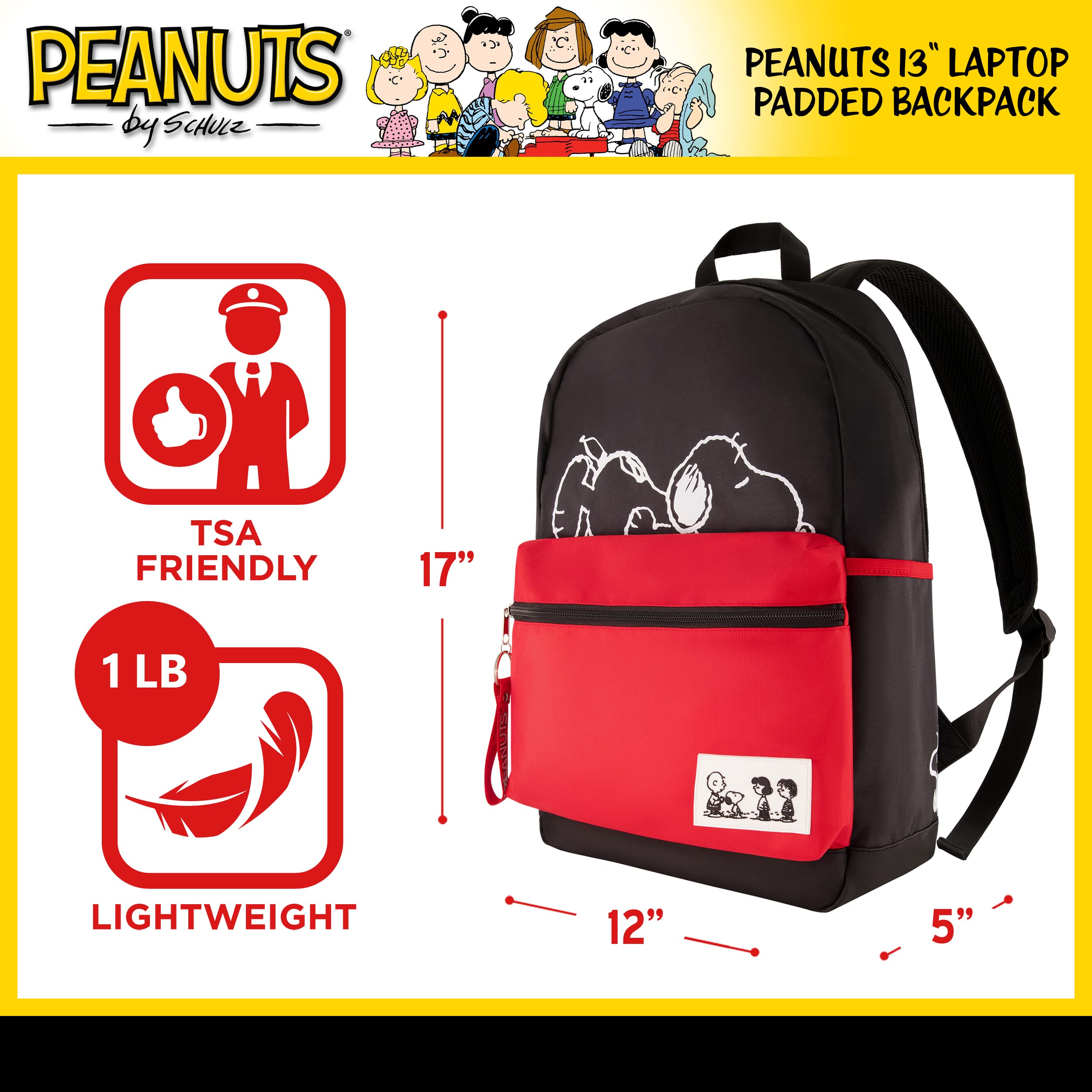 Peanuts 13 Inch Sleeve Backpack, Snoopy, Charlie Brown and Woodstock Padded Computer Bag for Commute or Travel, Multi
