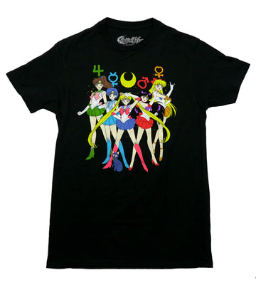 Sailor Moon Mens T-Shirt - Characters Under Celestial Symbols Names on Back