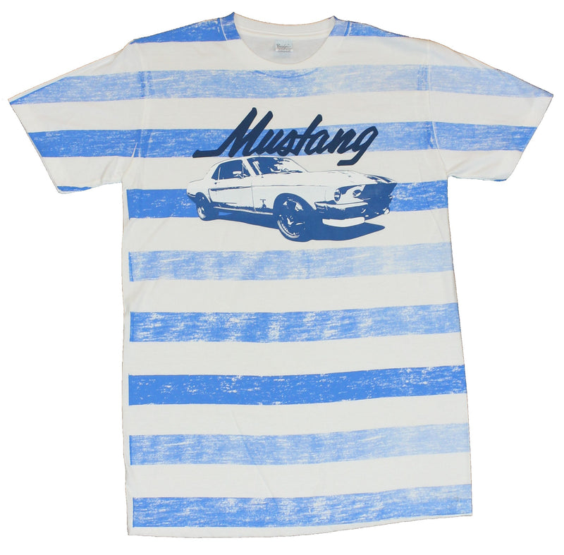 Ford Mustang Mens T-Shirt  - Mustang Drawing on Blue Stripes - Inmyparentsbasement.com