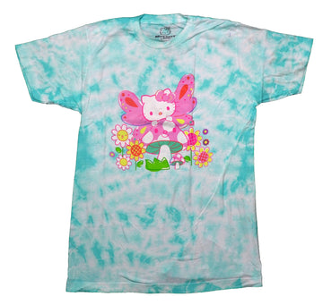 Hello Kitty Mens T-Shirt - Butterfly Wings Holding Onto Mushroom in Garden