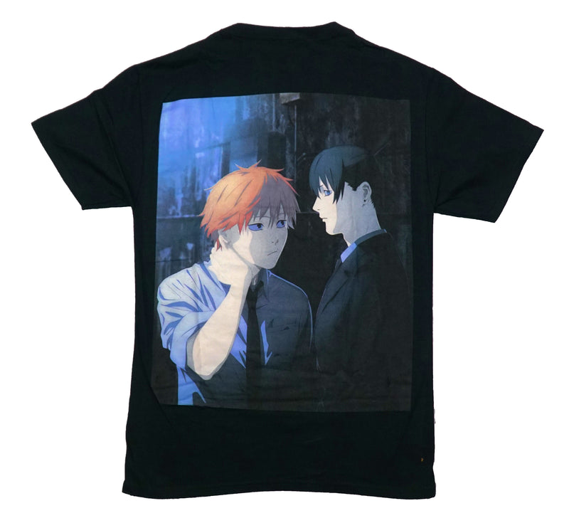 Chainsaw Man Mens T-Shirt - Simple Logo On Front Guy Duo On Back