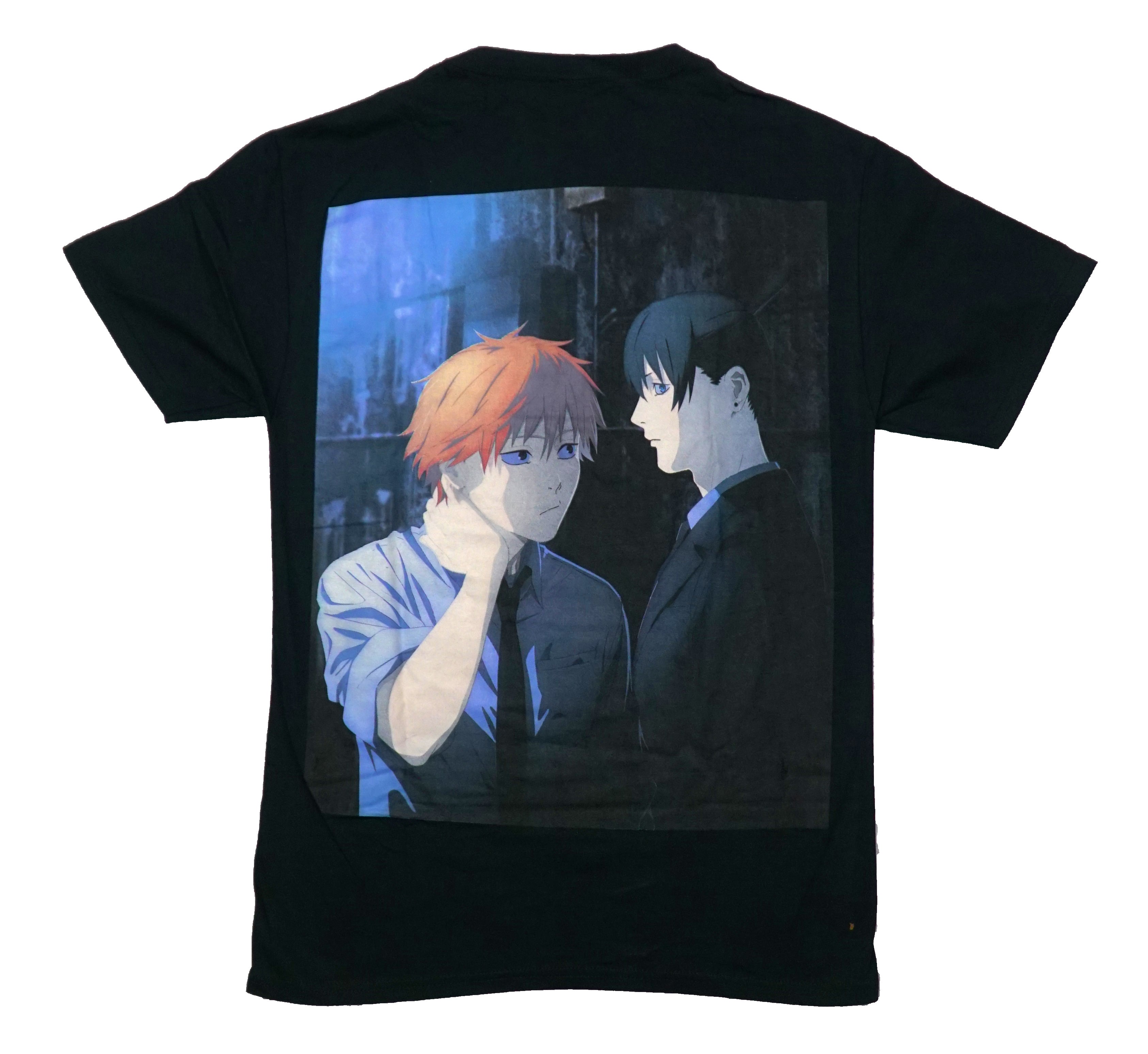 Chainsaw Man Mens T-Shirt - Simple Logo On Front Guy Duo On Back