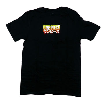 One Piece Mens T-Shirt -Center Kanji Logo On Front Grayscale Crew on Back
