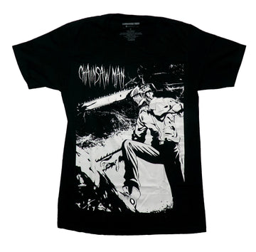Chainsaw Man  Mens T-Shirt - B & W Print of Chainsaw Man Under Sharp Font