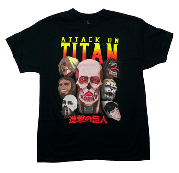 Attack on Titan Mens T-Shirt - Yellow & Red Name Over Cast of Titans