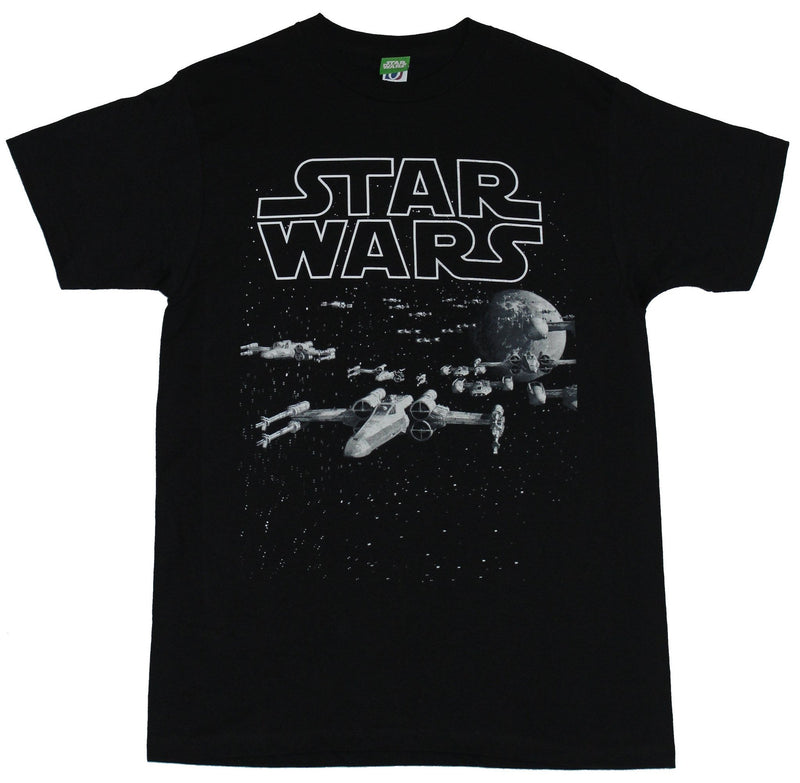 Star Wars Mens T-Shirt - Word Outline Over X-wing Squadron B  & W Image