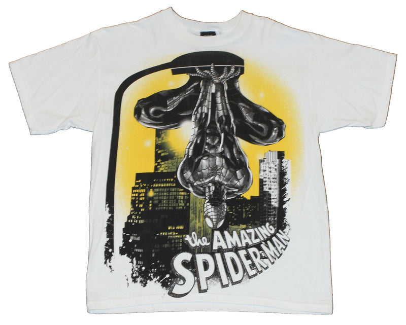 Spider-man Mens T-Shirt - Upside Down From Street Lamp Yellow Background