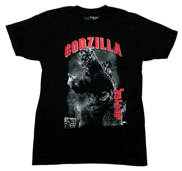 Godzilla  Mens T-Shirt - Black & White Classic Destruction Under Red Title
