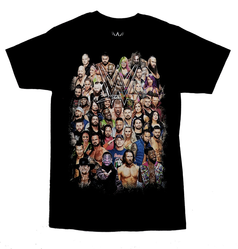 WWE Mens T-Shirt - Giant Group of Wrestlers Around Logo - Inmyparentsbasement.com