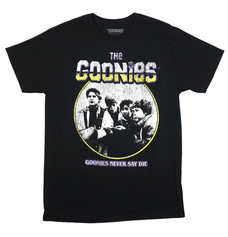 The Goonies Mens T-Shirt - Distressed Logo B & W Photo Never Say Die