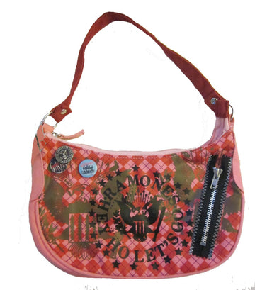 The Ramones Ho Lets Go Pink Checkered, Buttoned, Zippered Handbag Purse
