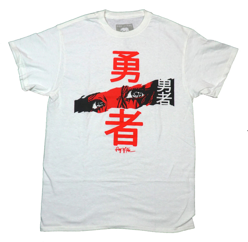 Ring of Fire Mens T-Shirt -Red Faced Eyes Image Along Red Vertical Kanji