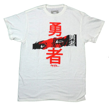 Ring of Fire Mens T-Shirt -Red Faced Eyes Image Along Red Vertical Kanji