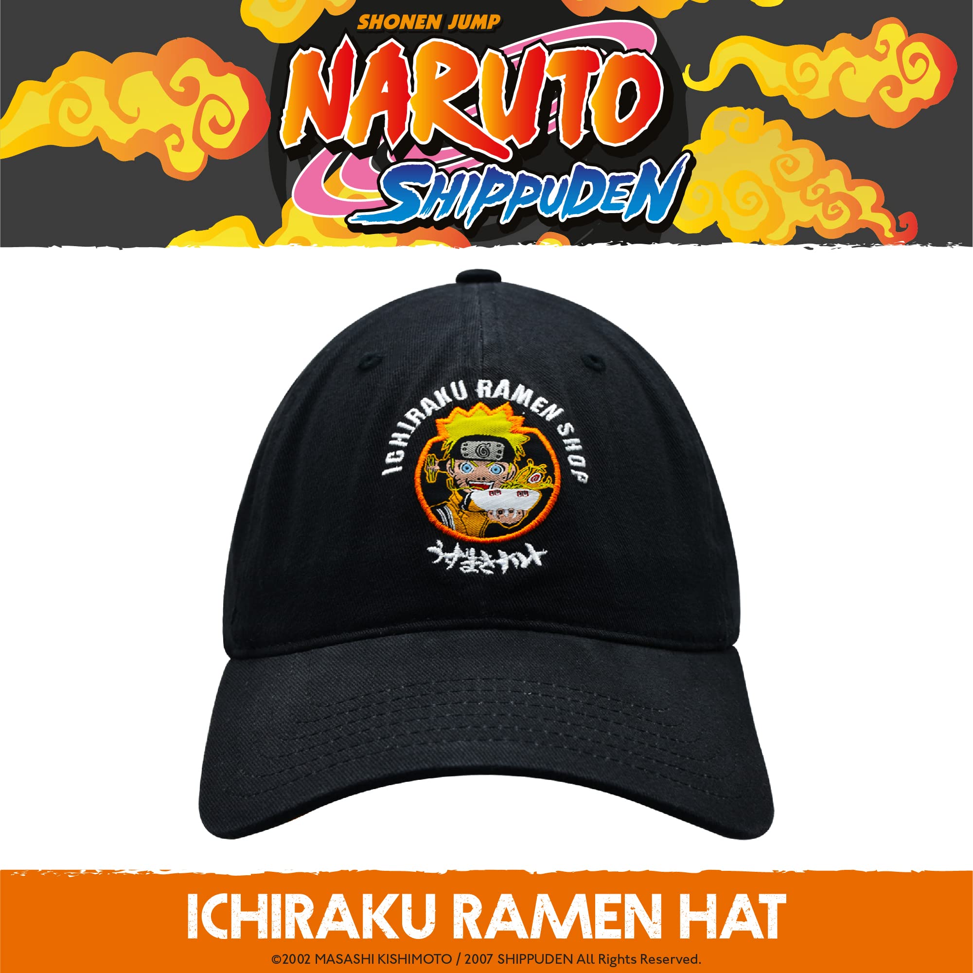 Naruto Dad Hat, Ichiraku Ramen Adult Baseball Cap with Flat Brim, Black, One Size