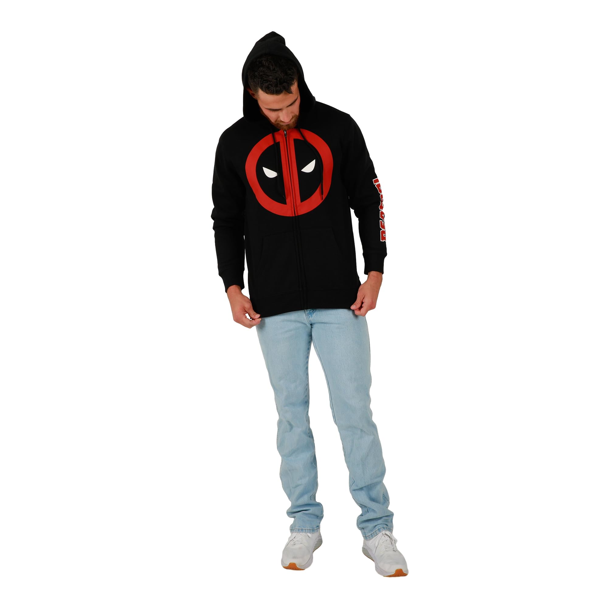 Bioworld Marvel Deadpool Mask Logo Long Sleeve Unisex Adult Zip-Up Hoodie-X-Large,Black