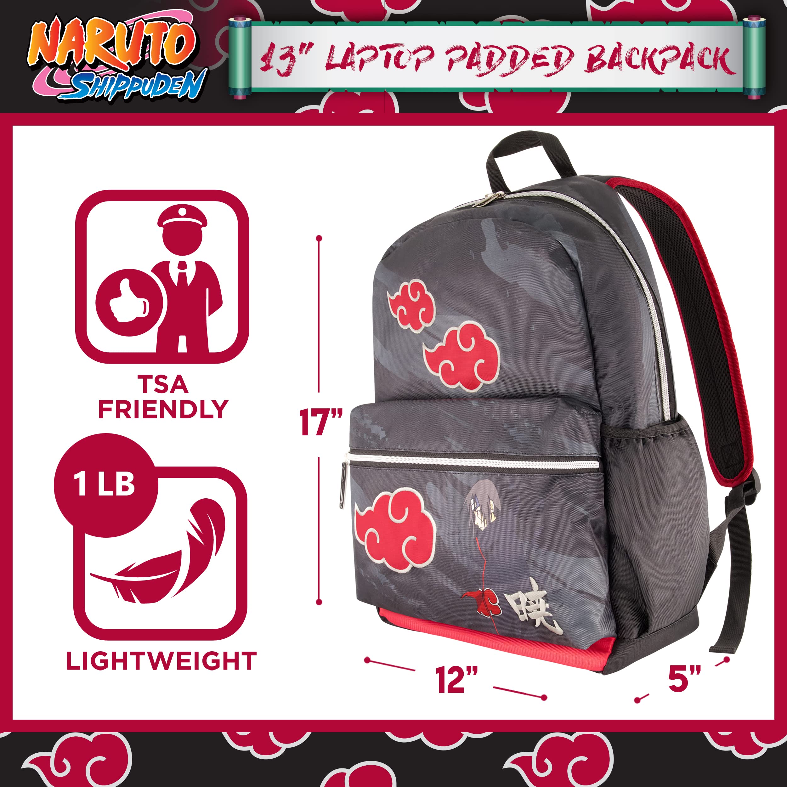 Naruto 13 Inch Sleeve Laptop Backpack, Padded Computer Bag for Commute or Travel, Akatsuki Itachi, One Size