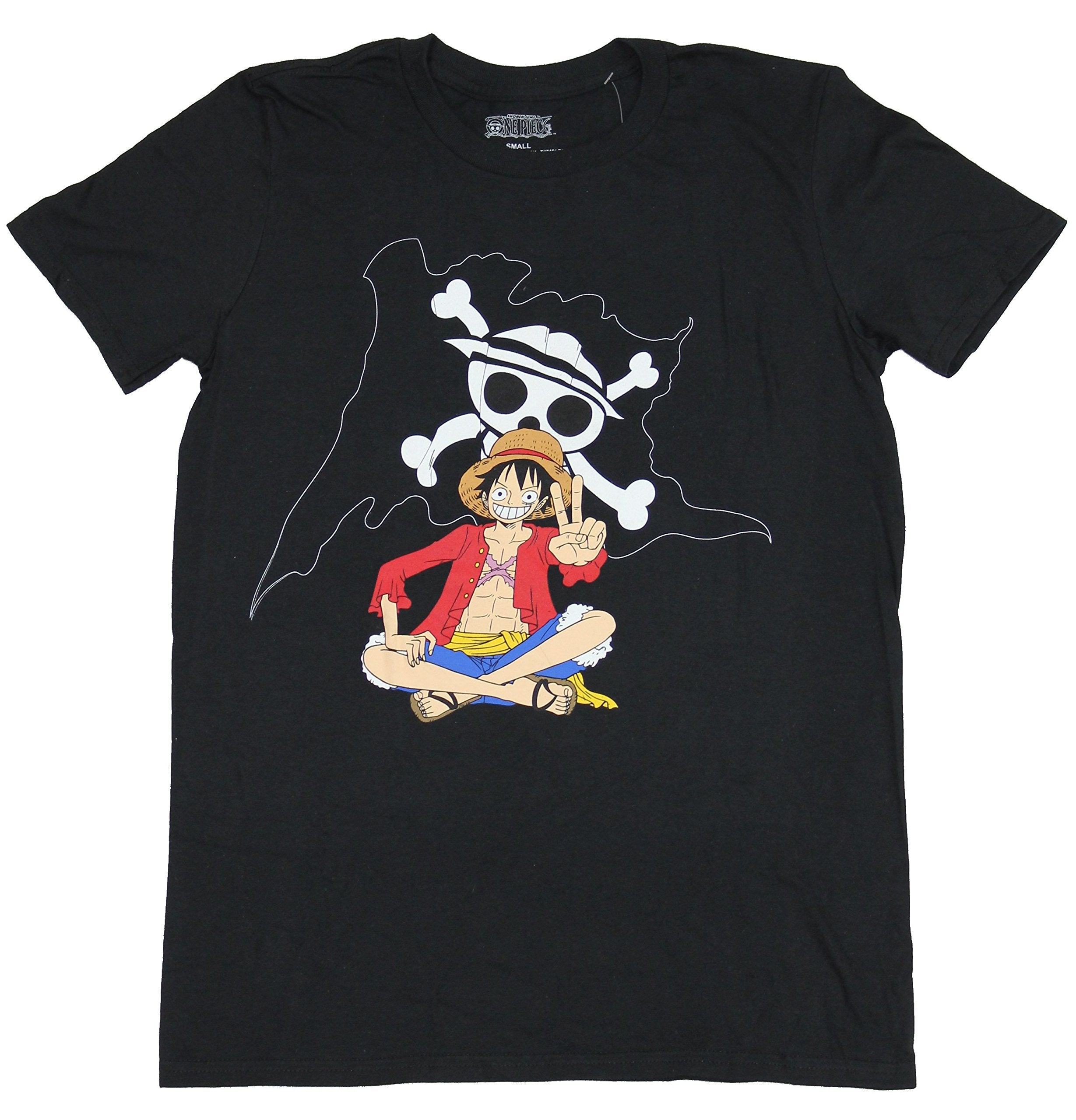 One Piece Shonen Jump Mens T-Shirt - Luffy Seated by Pirate Flag