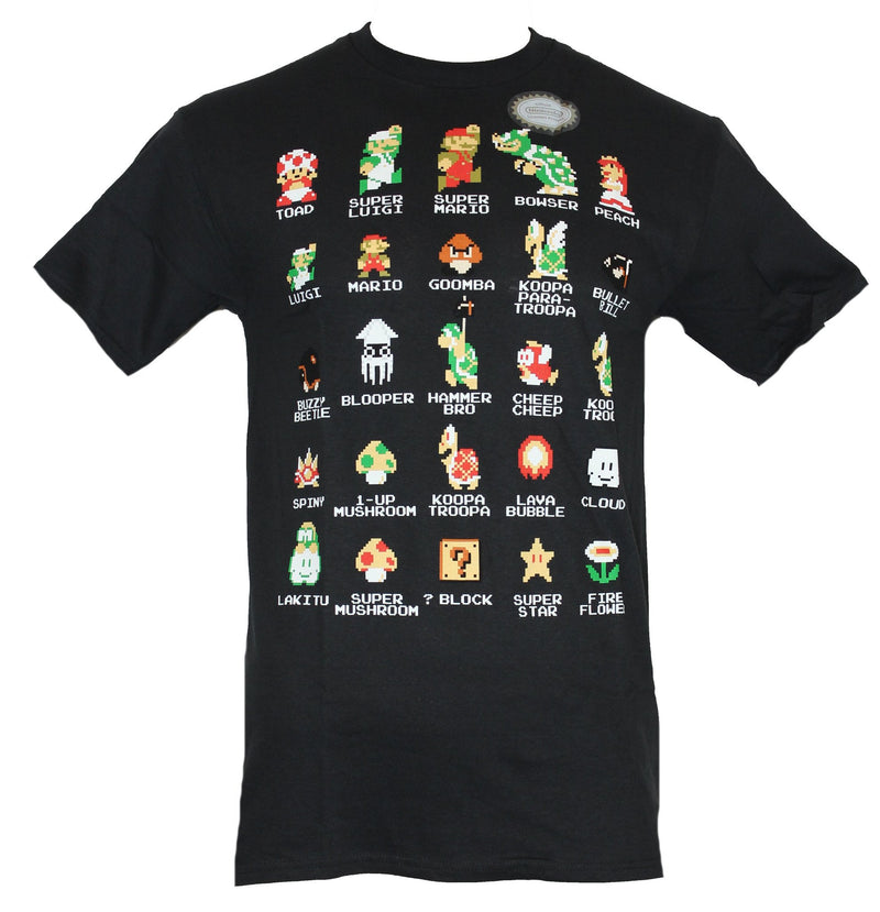 Super Mario Brothers Mens T-Shirt -Characters & Items in 8-Bit Named Images