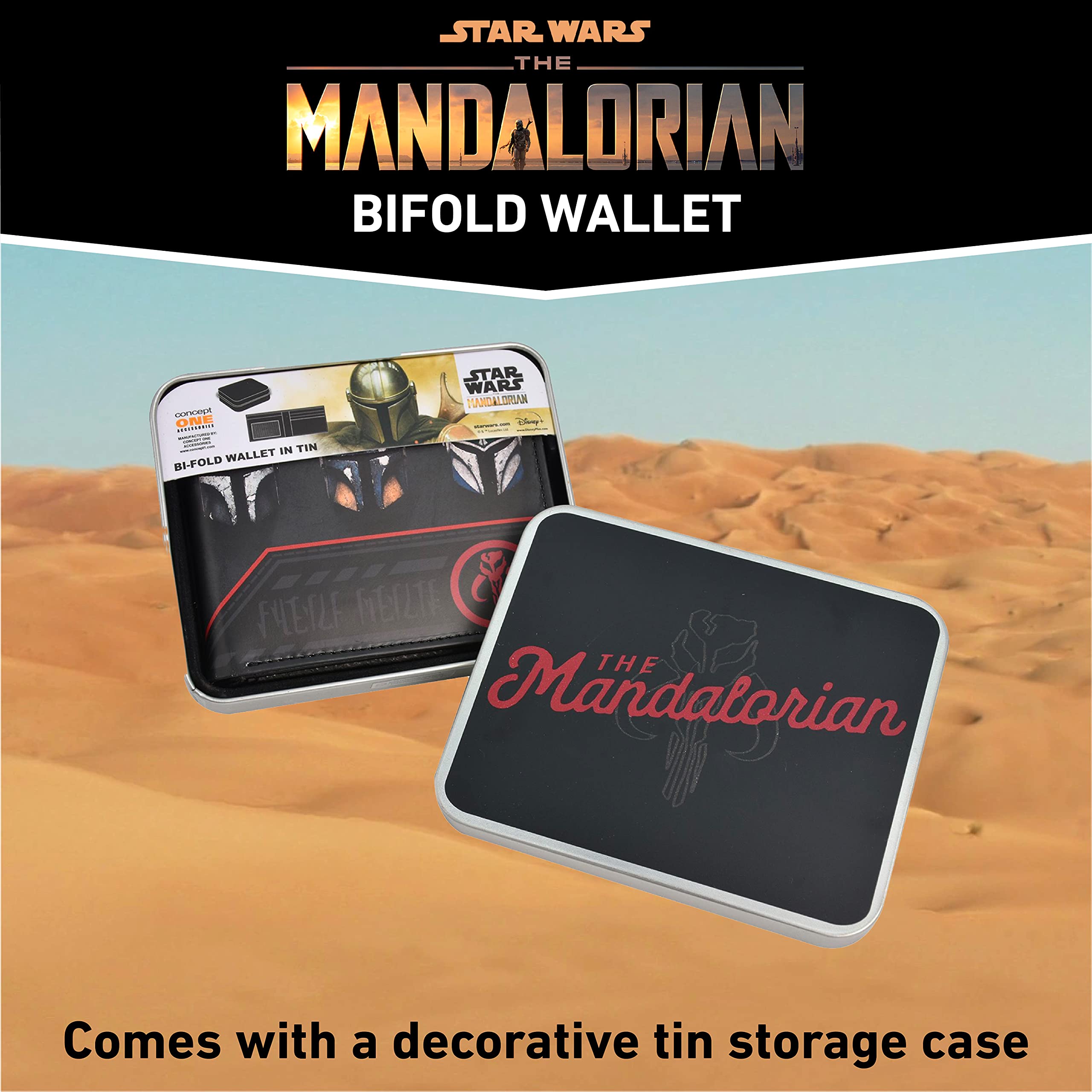 Star Wars The Mandalorian Wallet, Slim Bifold Wallet with Decorative Tin Case, Black and Red