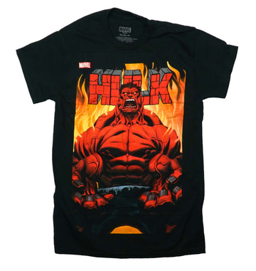Hulk Mens T-Shirt - Marvel Fiery Flexing Red Hulk Under Name Cover Image