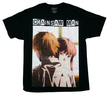 Chainsaw Man Mens T-Shirt - Duo Under Name Girl Looking Over His Shoulder