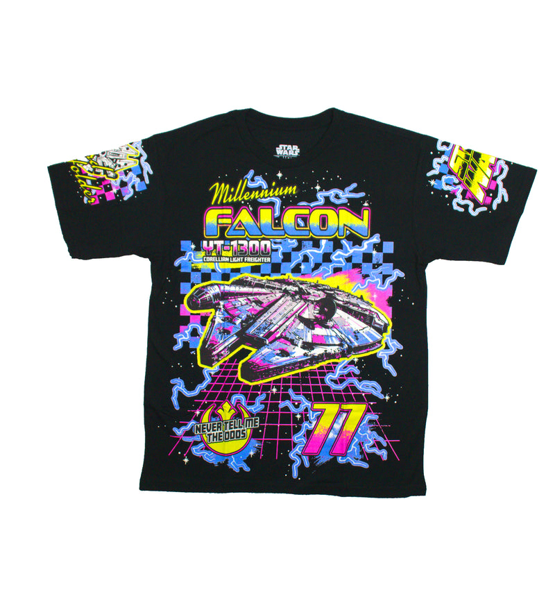 Star Wars Mens T-Shirt - Electrified Millennium Falcon YT-1300 Logo Sleeves