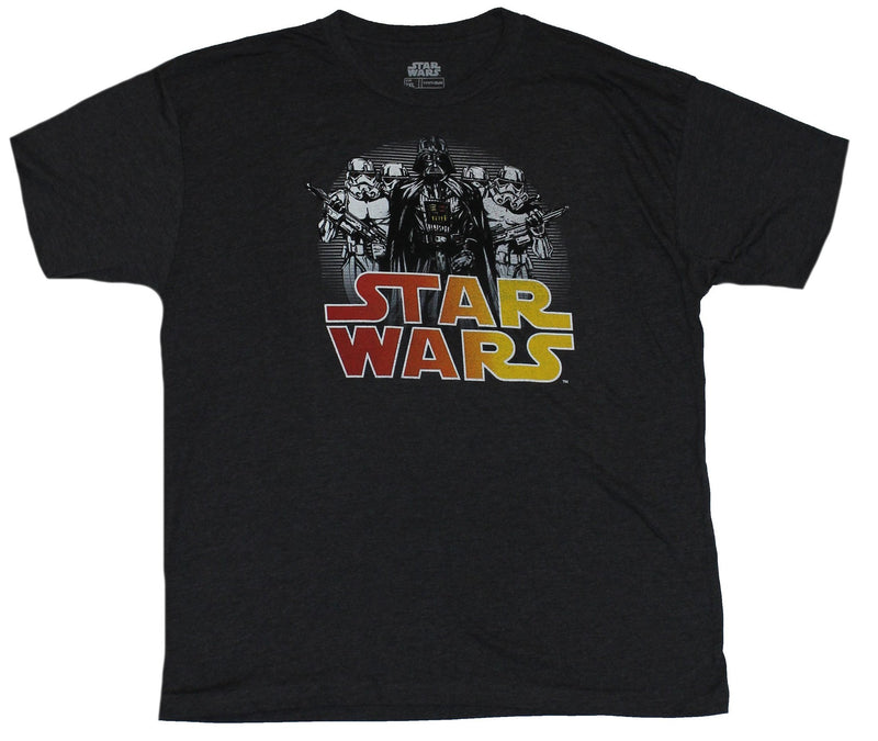 Star Wars Mens Tall T-Shirt - Darth Vader and Stormtroopers Over Word Logo