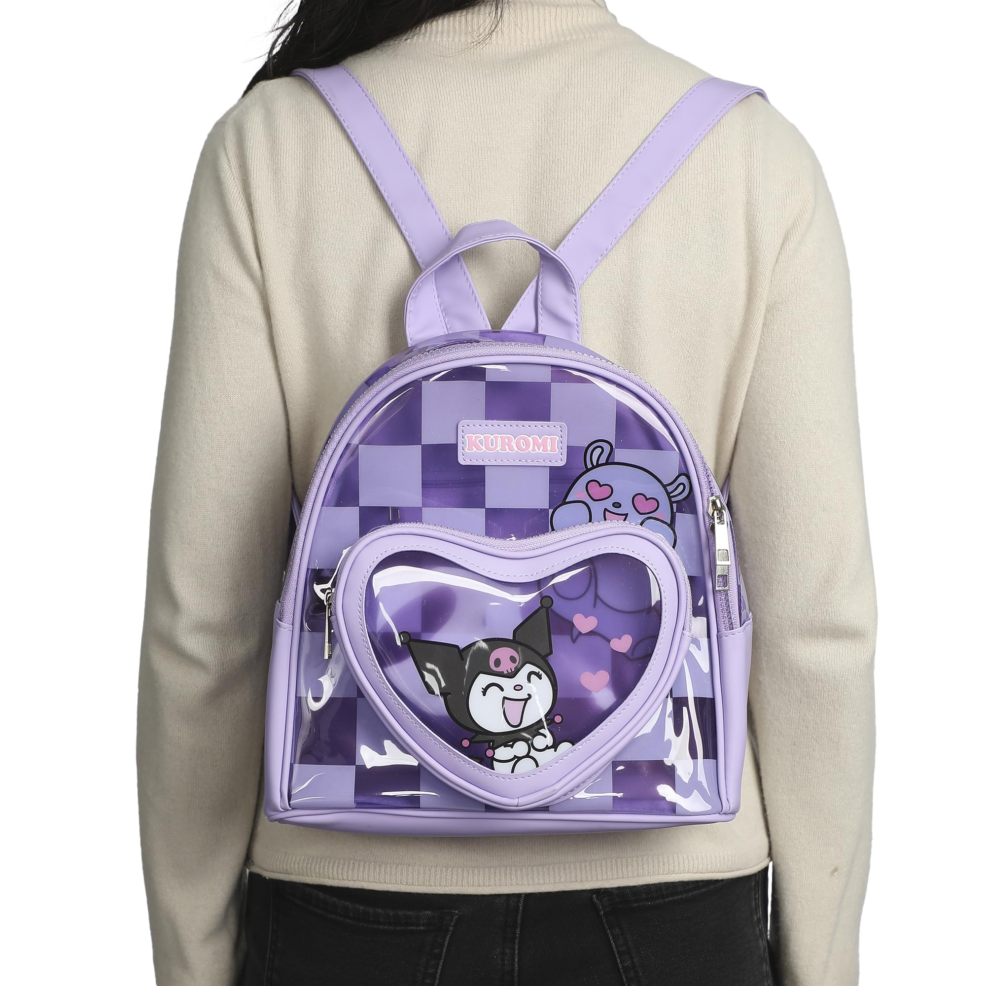 Bioworld Kuromi & Baku Hearts 10" Purple Checkered Women's Mini Backpack